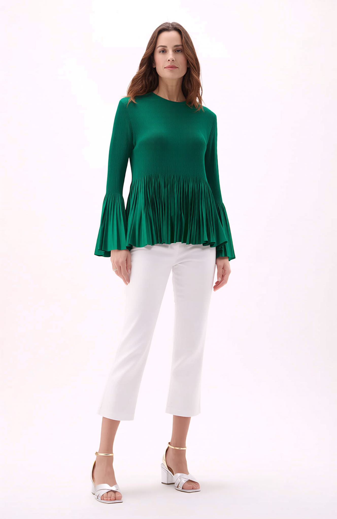 Pleating Long Sleeves Top- A Line Peplum ( Green )