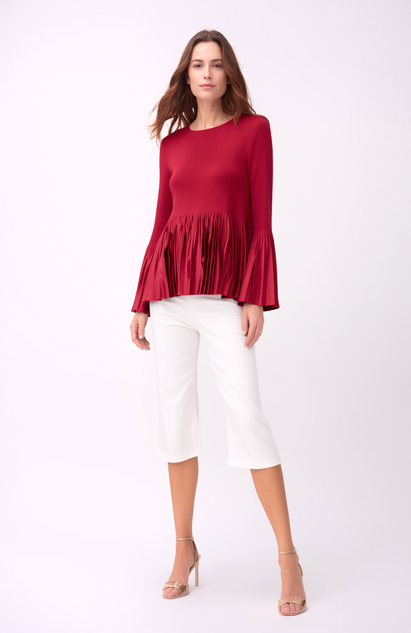 Pleating Long Sleeves Top- A Line Peplum (Red)