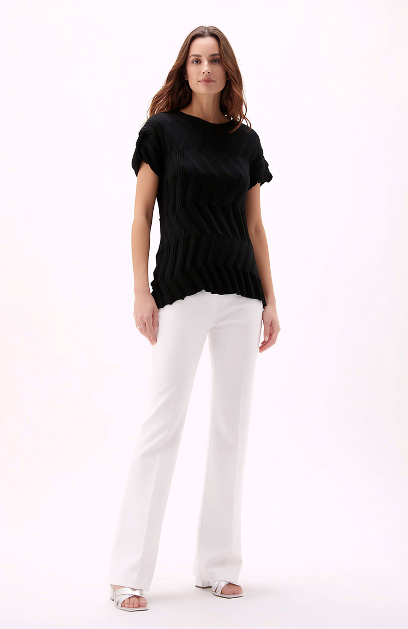 Pleating Short Sleeves Top- Chevron Ripple (Black)