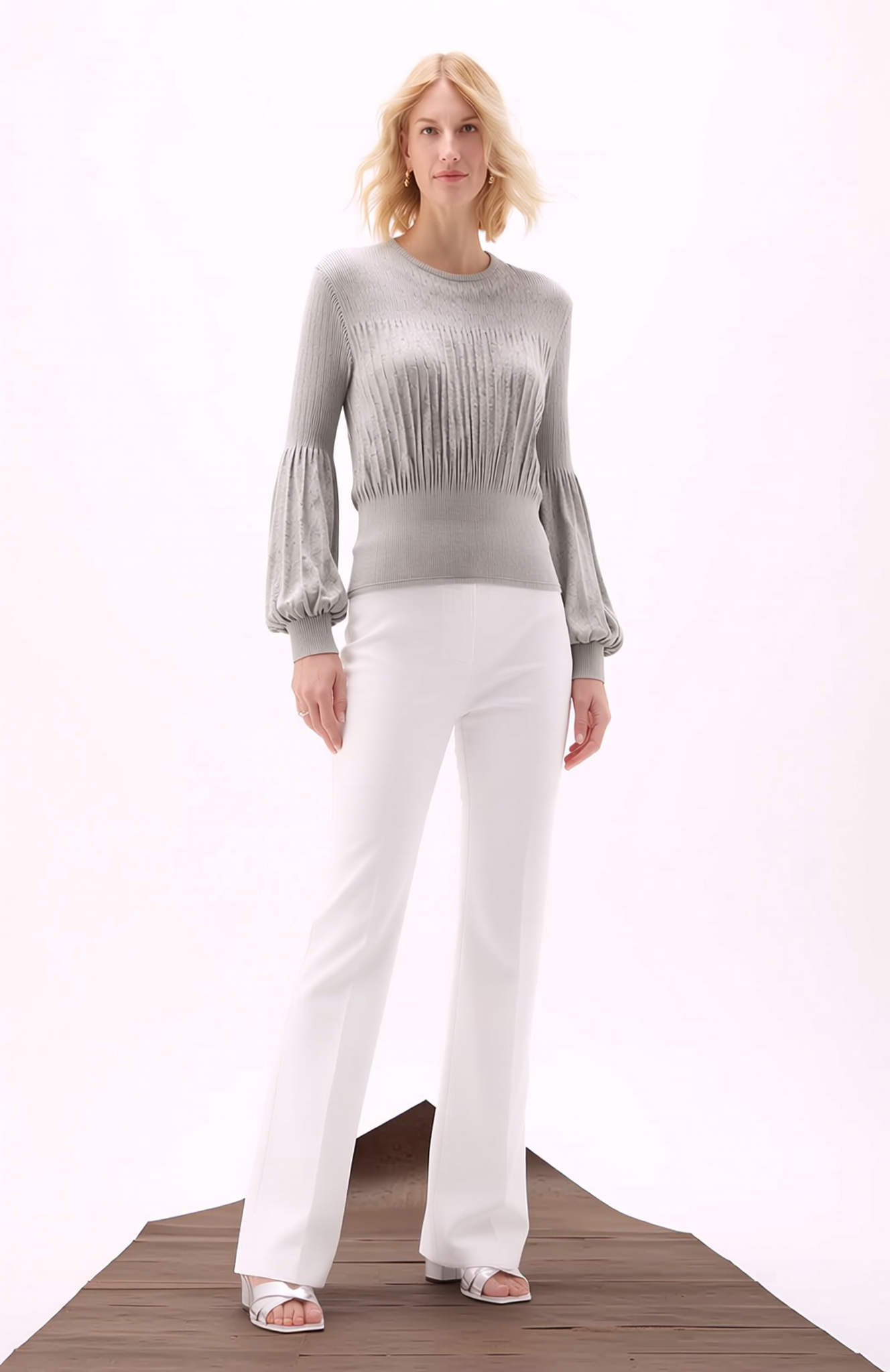 Pleating Long Sleeves Top- Chiffon Flow (Grey)