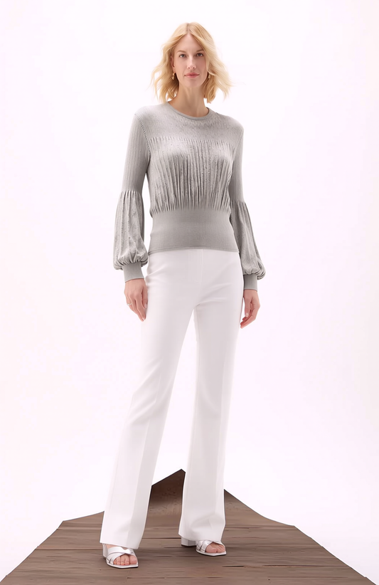 Pleating Long Sleeves Top- Chiffon Flow (Grey)