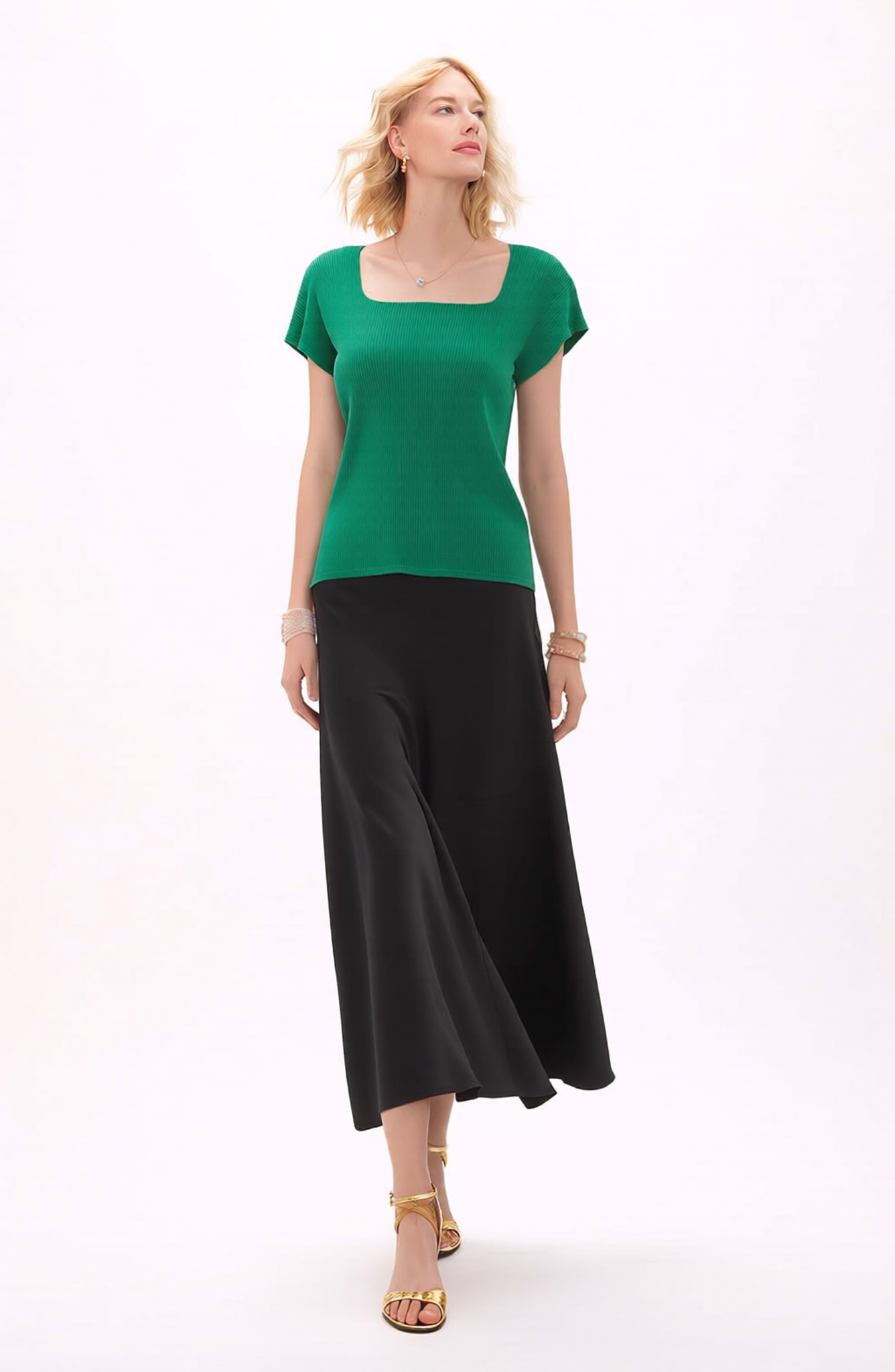 Pleating Short Sleeves Top- Soft Square - Green
