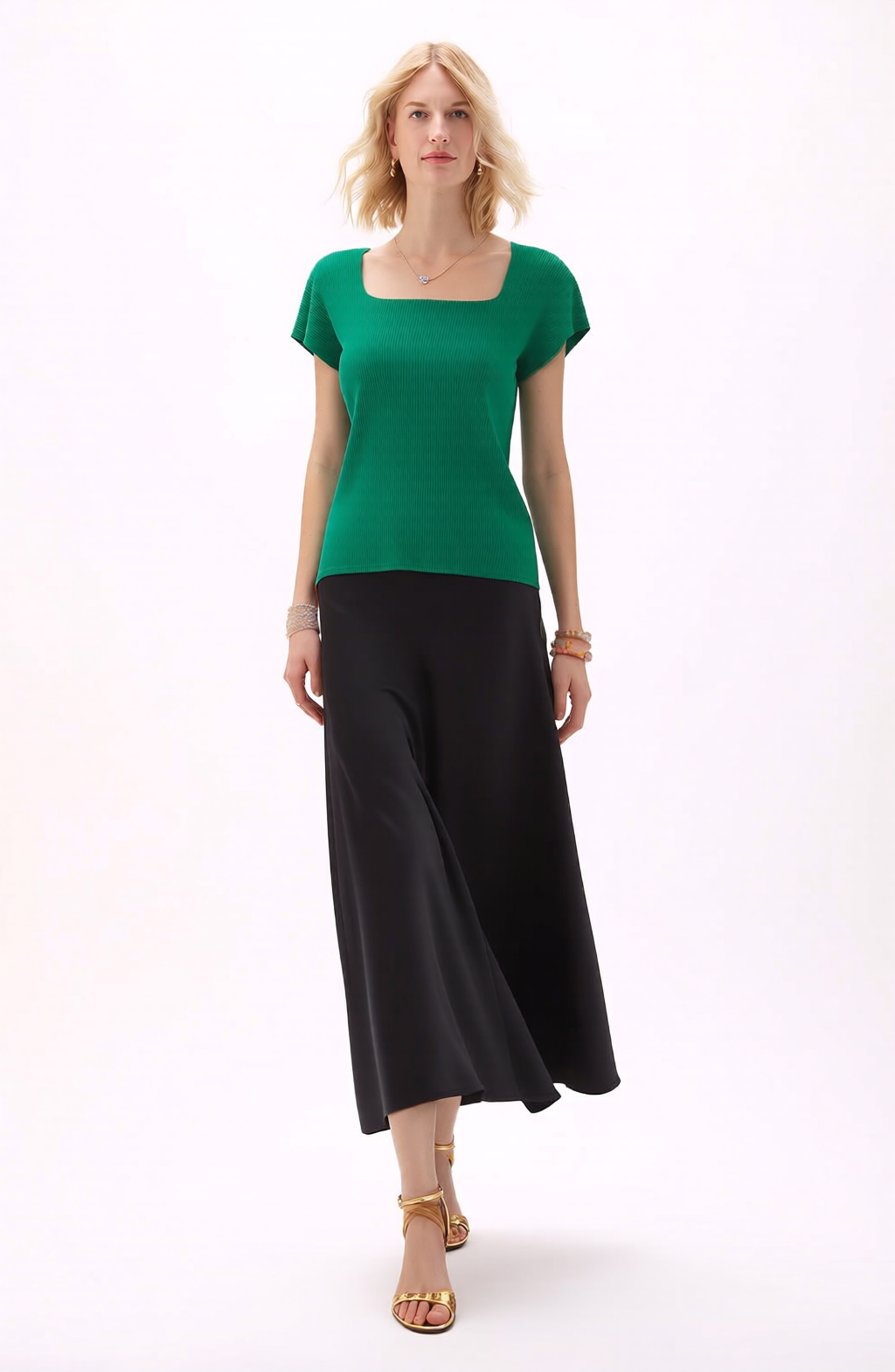 Pleating Short Sleeves Top- Soft Square - Green