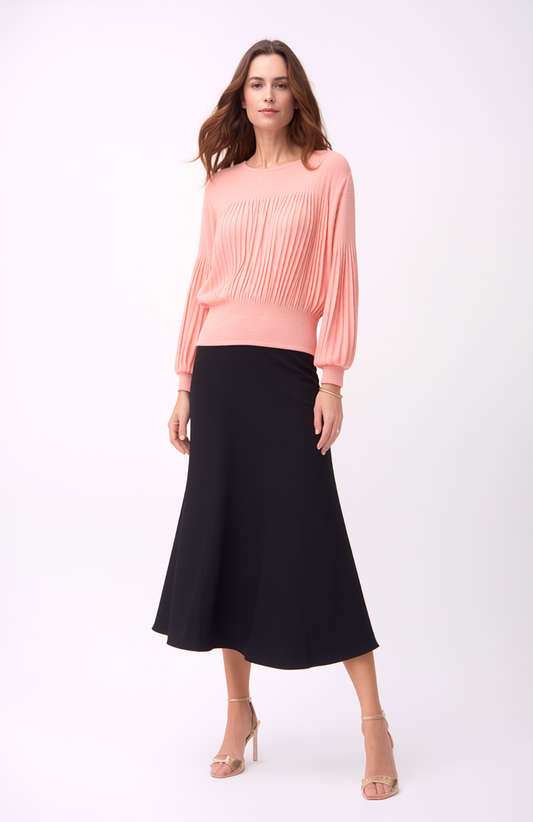 Pleating Long Sleeves Top- Chiffon Flow (Peach)