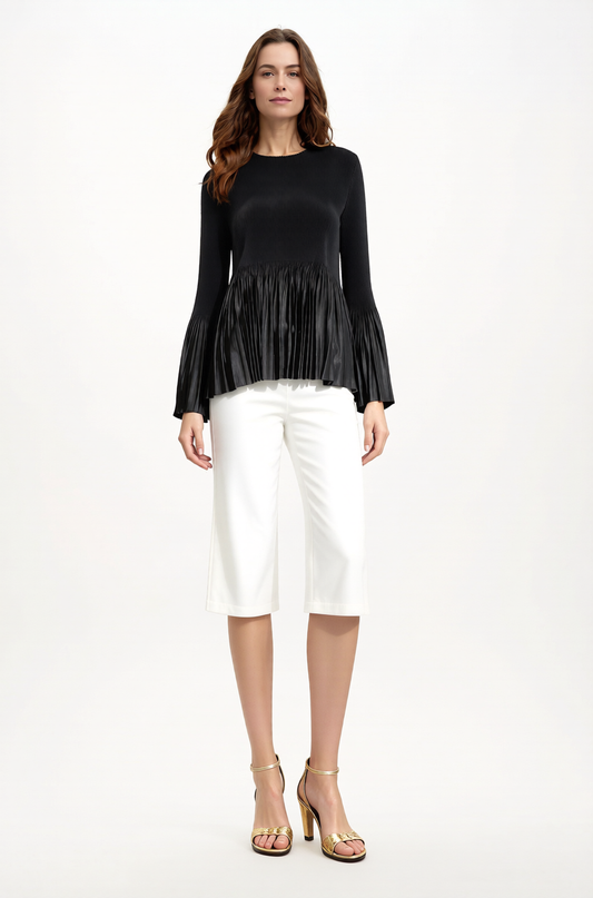 Pleating Long Sleeves Top- A Line Peplum (Black)