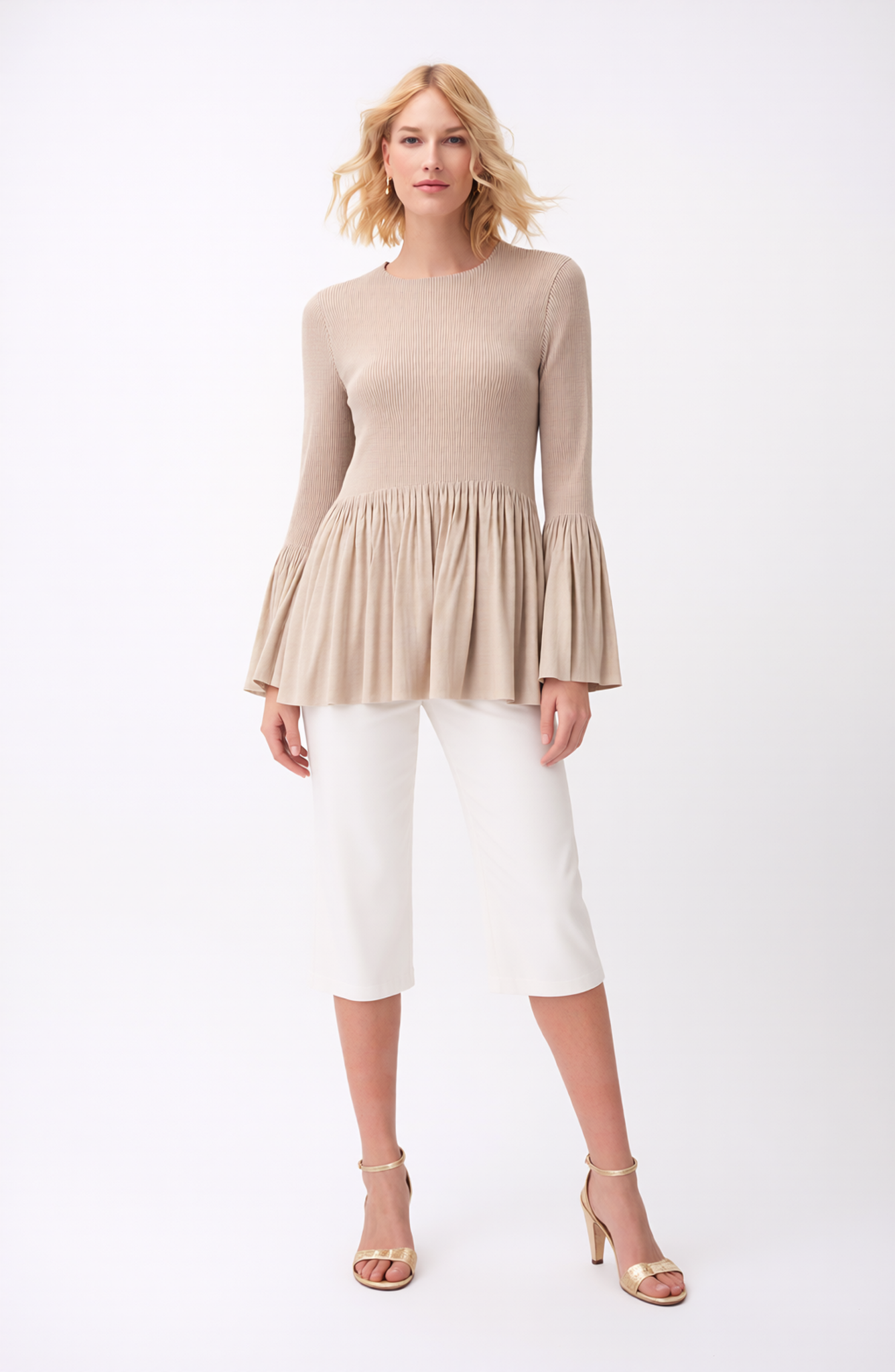 Pleating Long Sleeves Top- A Line Peplum (Almond)