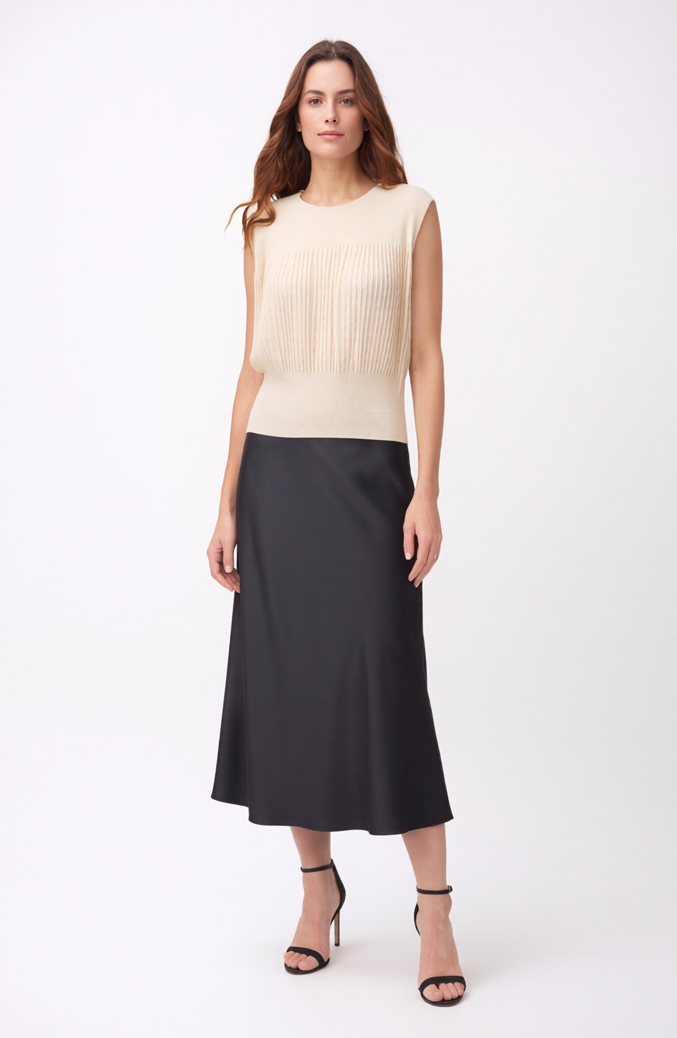 Pleating Sleeveless Top- Chiffon Flow - Almond