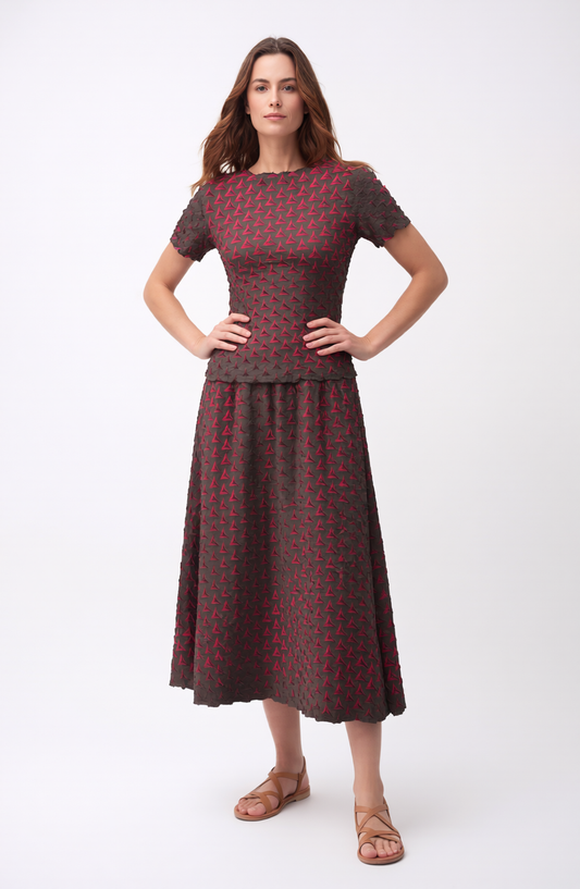 Pleating Midi Skirt- Shadow Tri (Red)