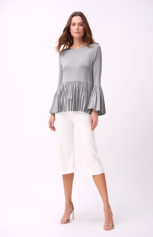 Pleating Long Sleeves Top- A Line Peplum ( Grey)