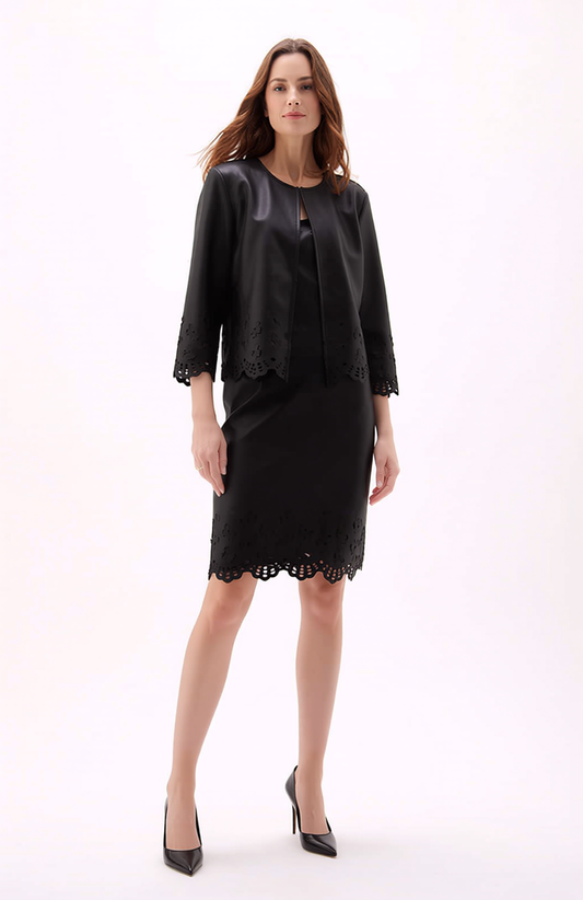 Faux Leather Laser cut butterfly short jacket (Black)