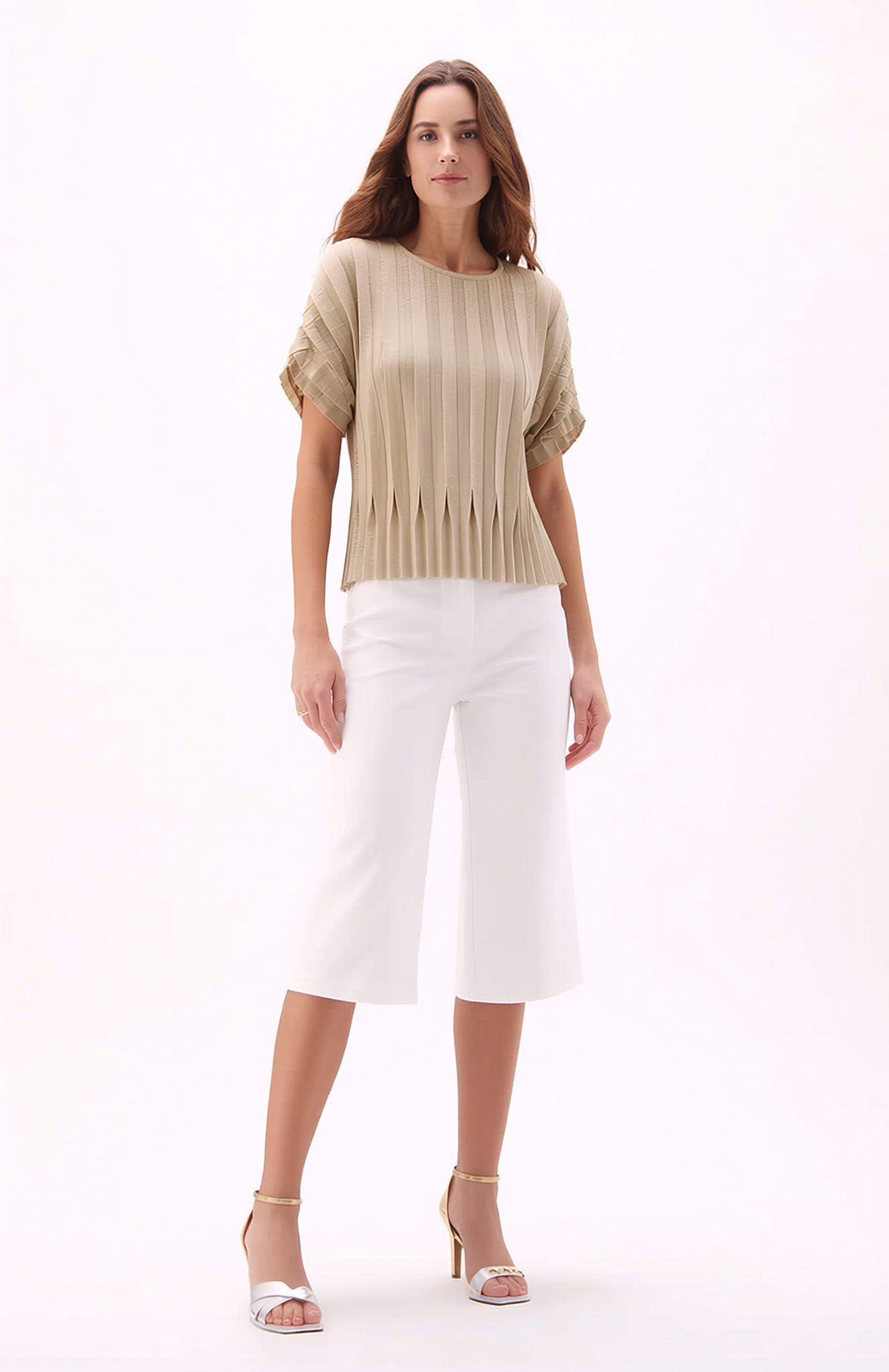 Pleating Short Sleeves Top- Dual Fold - Almond