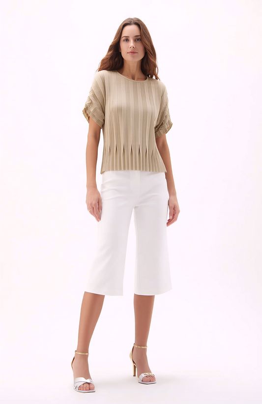 Pleating Short Sleeves Top- Dual Fold - Almond