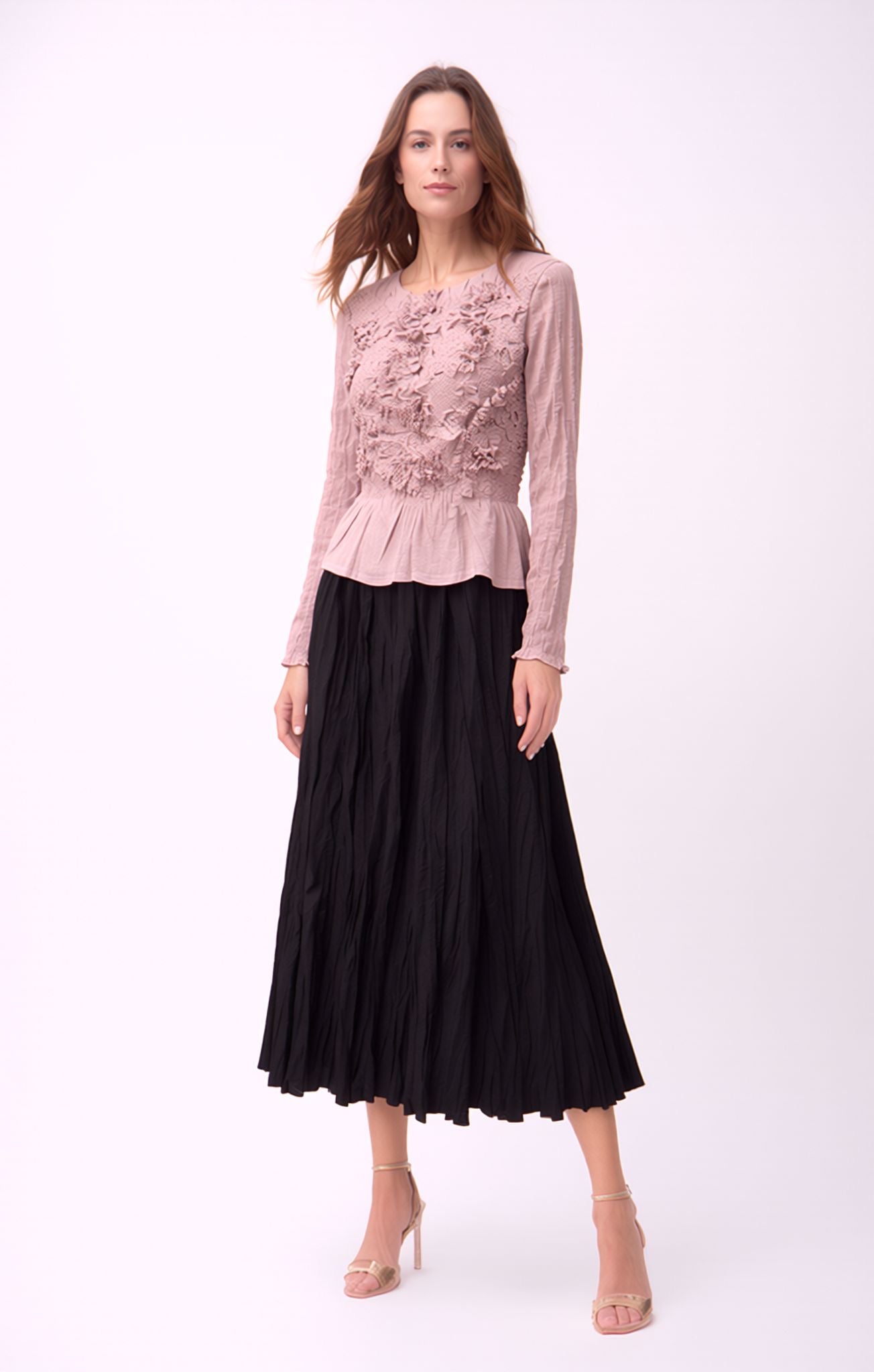 Pleated 3D flower L/S blouse ( Pink )