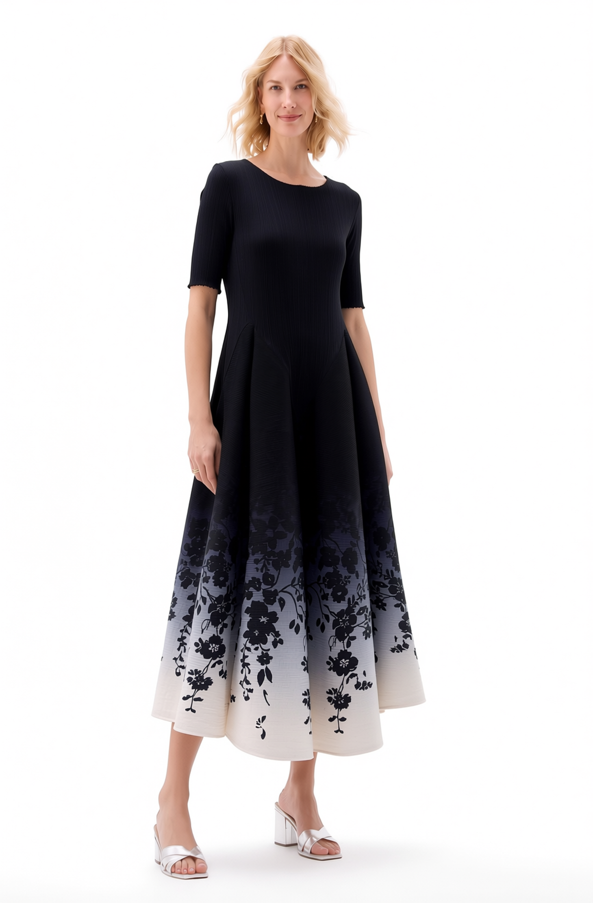 Pleated Short Sleeve Tulip Ombre Dress- Black Floral Ombre