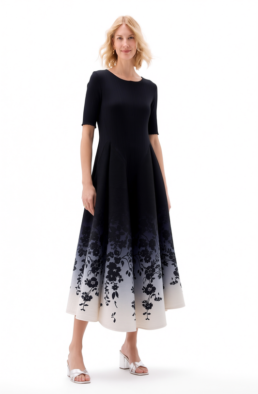 Pleated Short Sleeve Tulip Ombre Dress- Black Floral Ombre