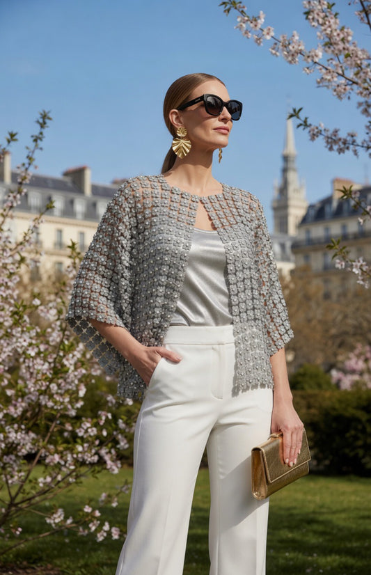 Short Lace coverup with all over Pearls attached  (Silver)