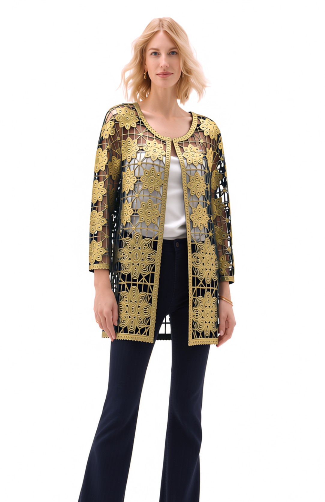 Soutache Long Coverup with Gold foil print (Gold/Army Green)