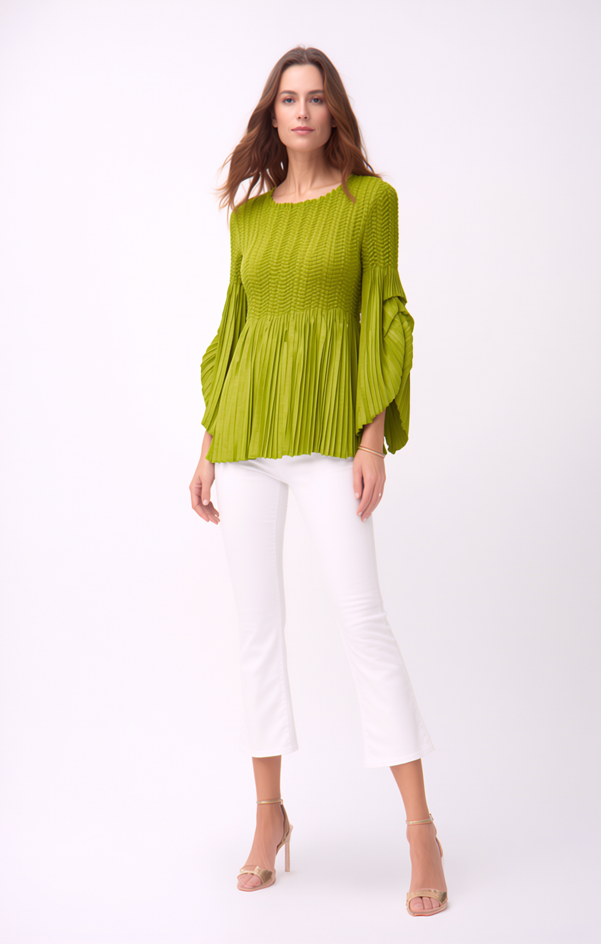 Pleated blouse top with flared sleeves & sweep (Lime)