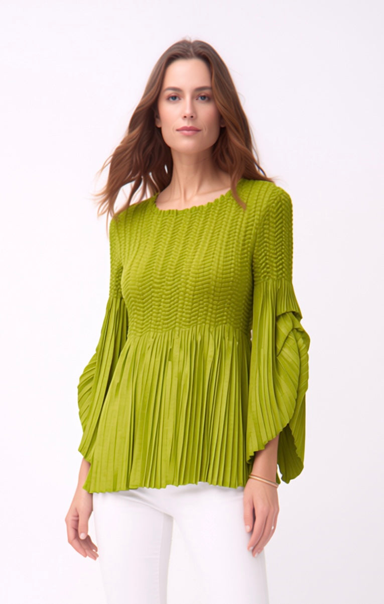 Pleated blouse top with flared sleeves & sweep (Lime)
