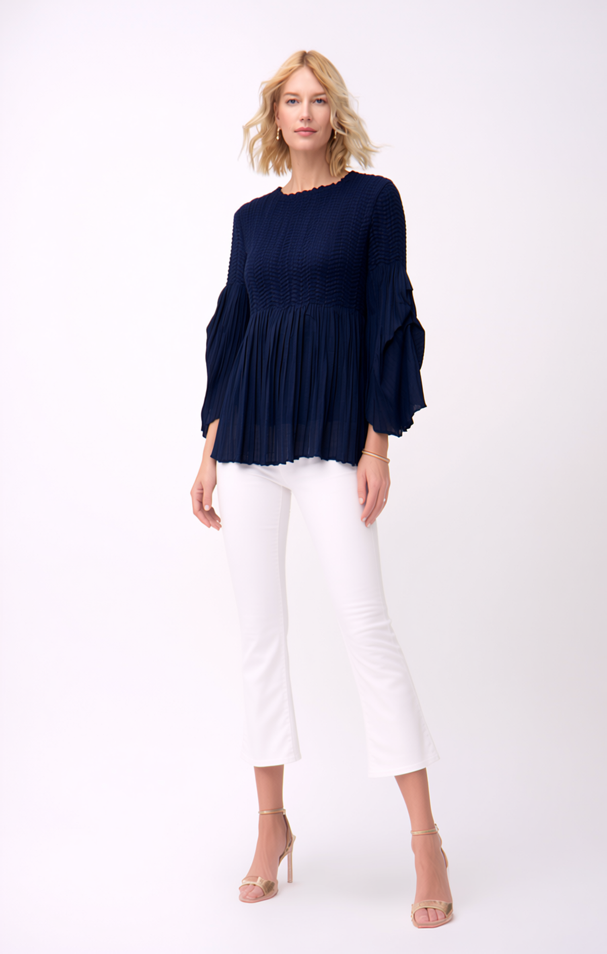 Pleated blouse top with flared sleeves & sweep (Navy)