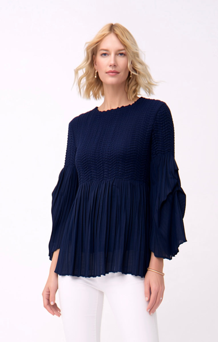 Pleated blouse top with flared sleeves & sweep (Navy)