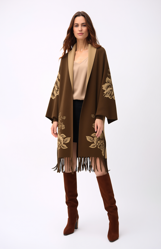 Reversible Peony Jacquard shawl with Arm Openings- Coffee/Sand