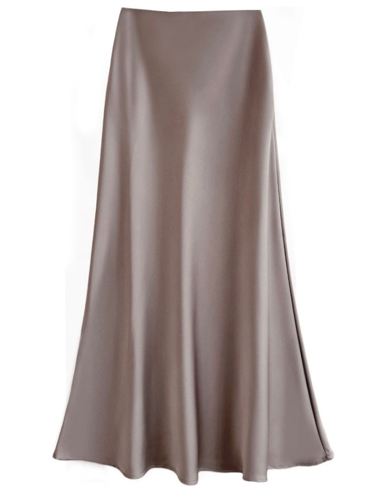 Sateen Maxi Skirt with Elastic Waistband and invisible zipper ( Black )