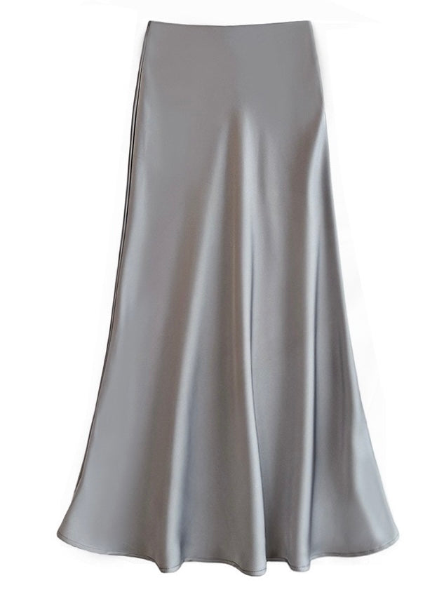 Sateen Maxi Skirt with Elastic Waistband and invisible zipper ( Black )