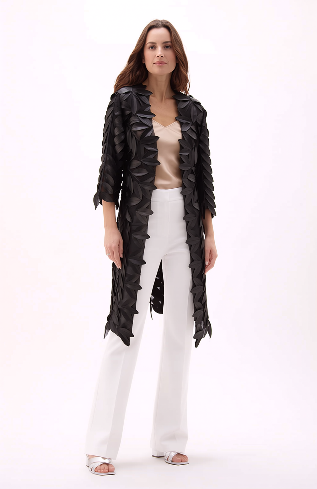 Faux Leather leaves long Jacket with 3/4 sleeves (Black)