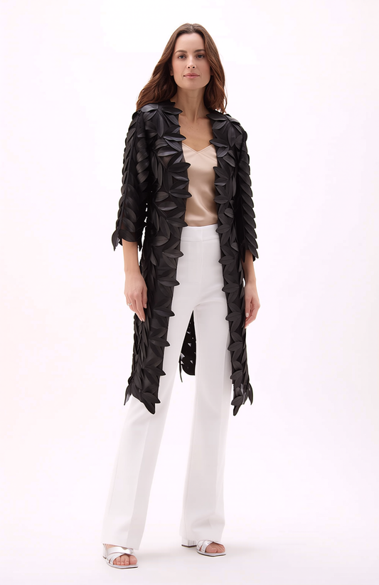 Faux Leather leaves long Jacket with 3/4 sleeves (Black)