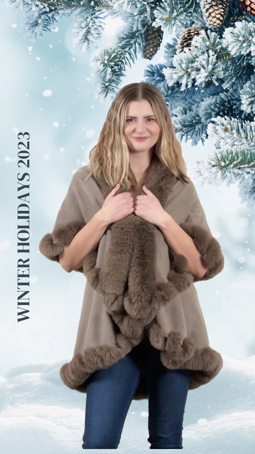 Faux Fur Trim Kimono Knitted Cape solid color Autumn Winter Imitation Rabbit Fur Collar Windproof Cloak Boho Style  Fur Collar Shawl Warm Cardigan - Latte