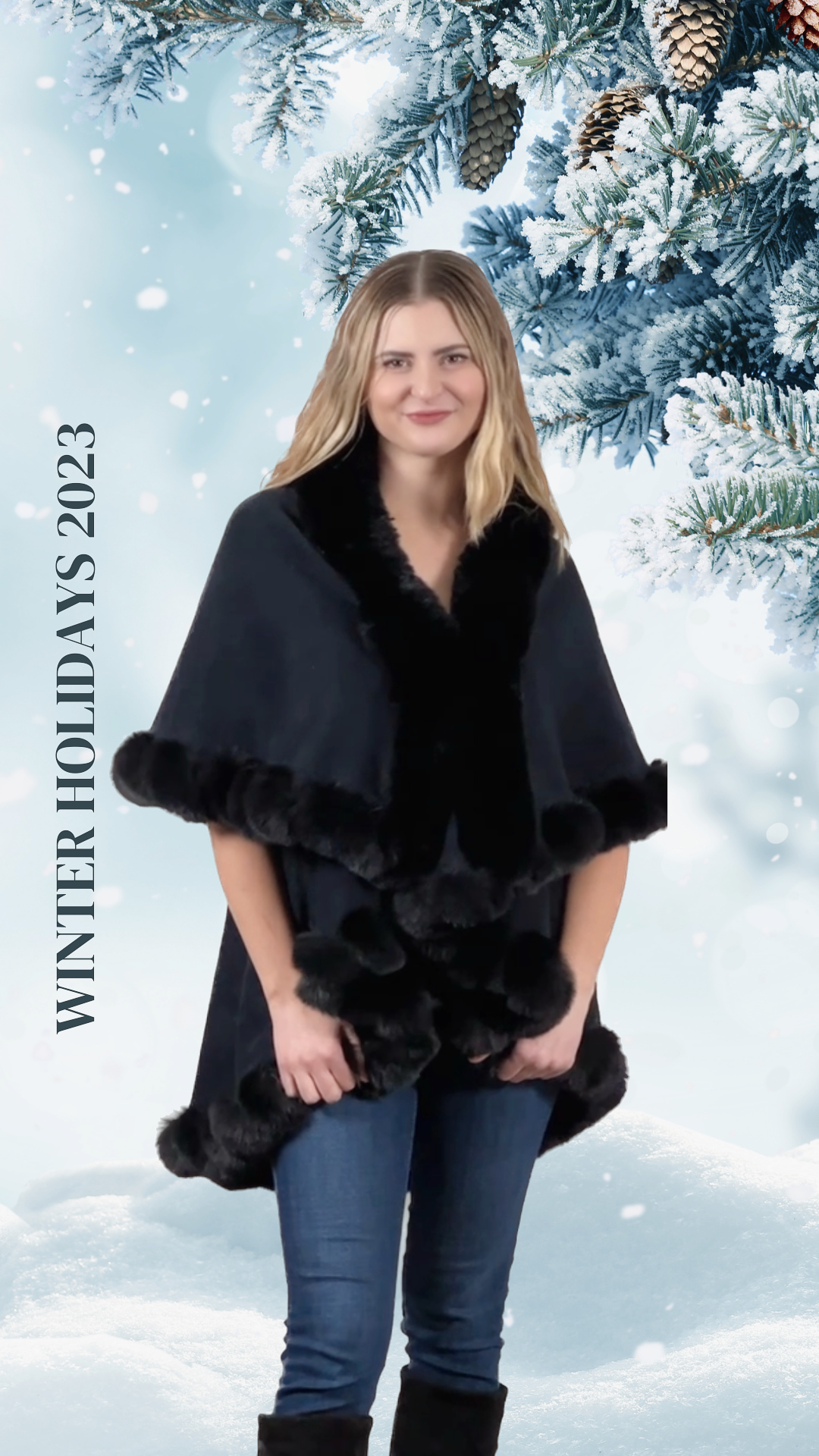 Faux Fur Trim Kimono Knitted Cape solid color Autumn Winter Imitation Rabbit Fur Collar Windproof Cloak Boho Style  Fur Collar Shawl Warm Cardigan - Black