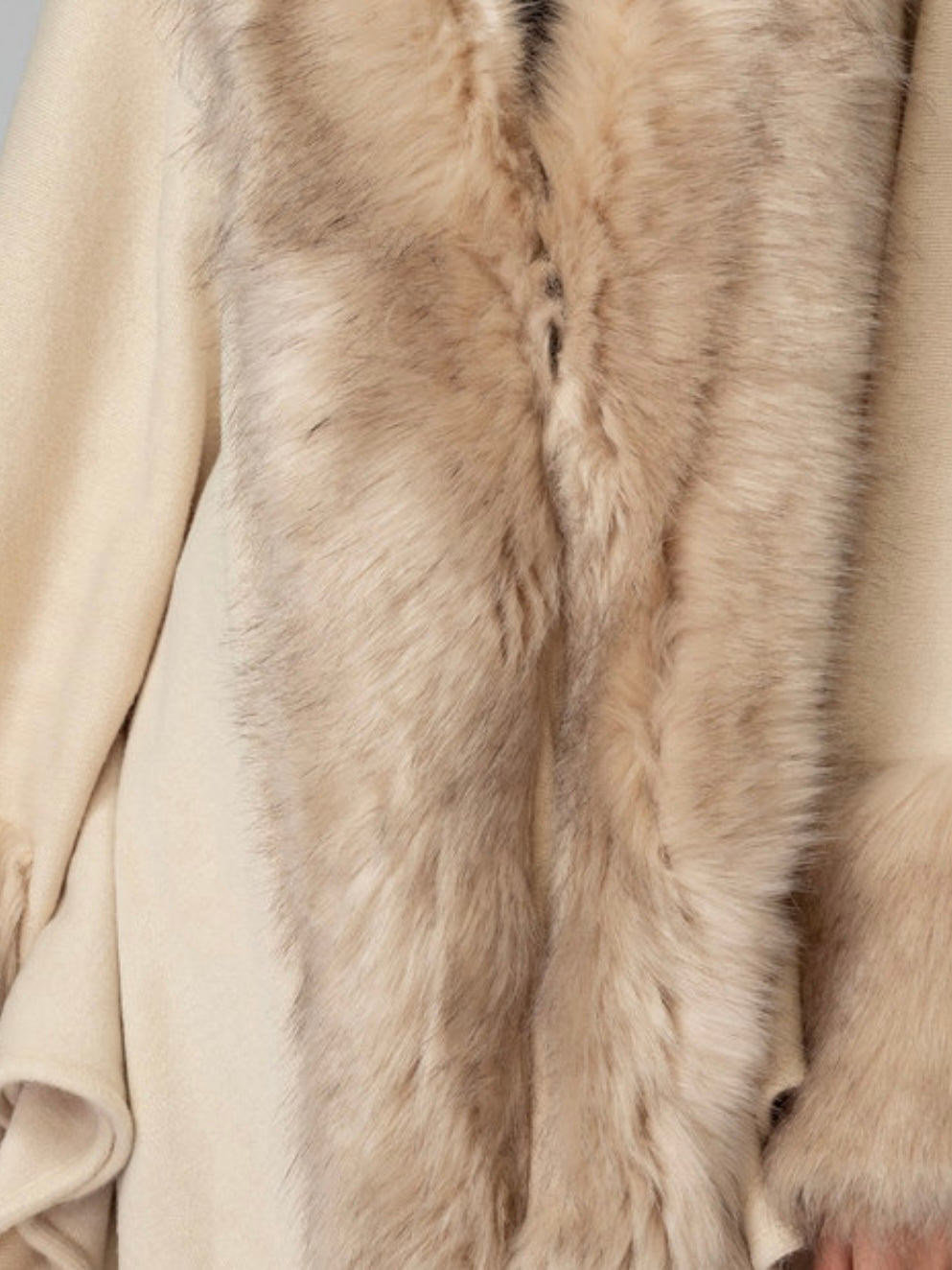 Fur Trim Kimono Knitted Cape with  Autumn Winter Imitation Rabbit Fur Collar Windproof Cloak Boho Style  Fur Collar Shawl Warm Cardigan solid color - Oatmeal