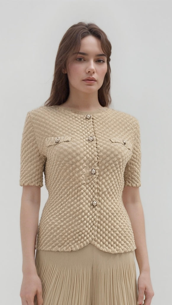 Pleated Chanel look mock jacket top with buttons (Apricot)