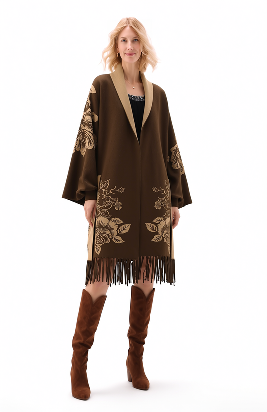 Reversible Peony Jacquard shawl with Arm Openings- Coffee/Sand