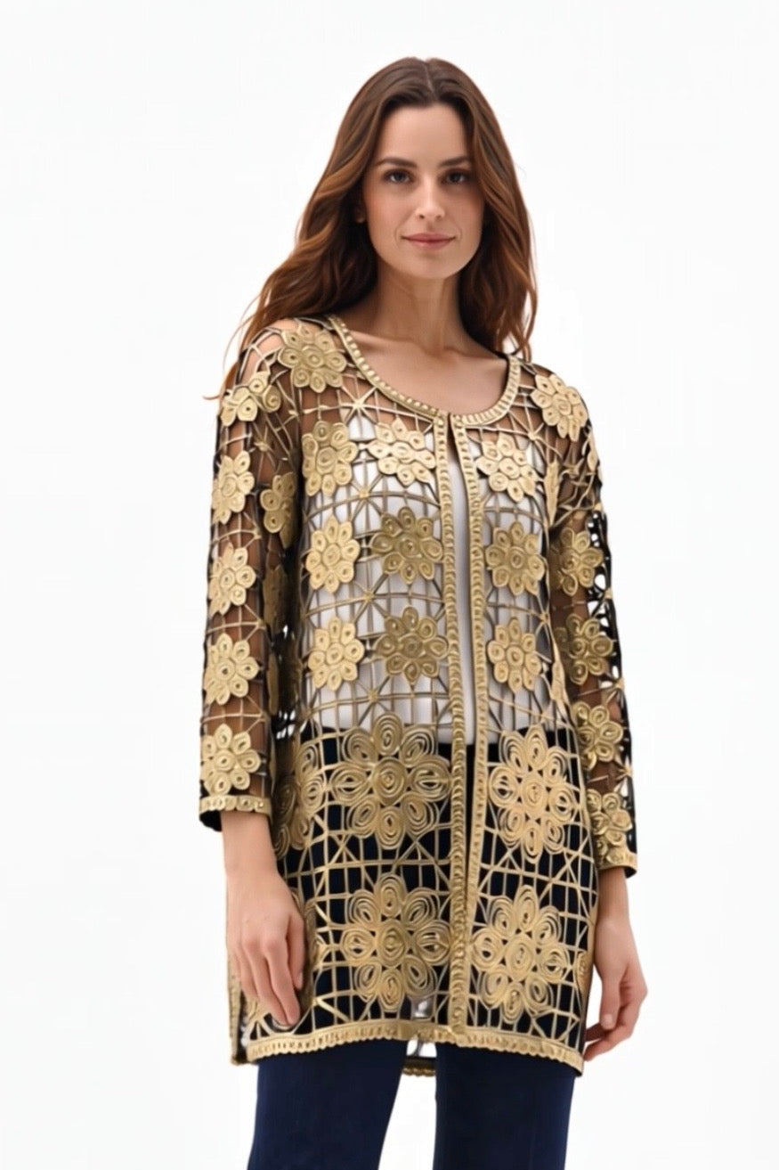Soutache Long Coverup with Gold foil print (Gold/Army Green)