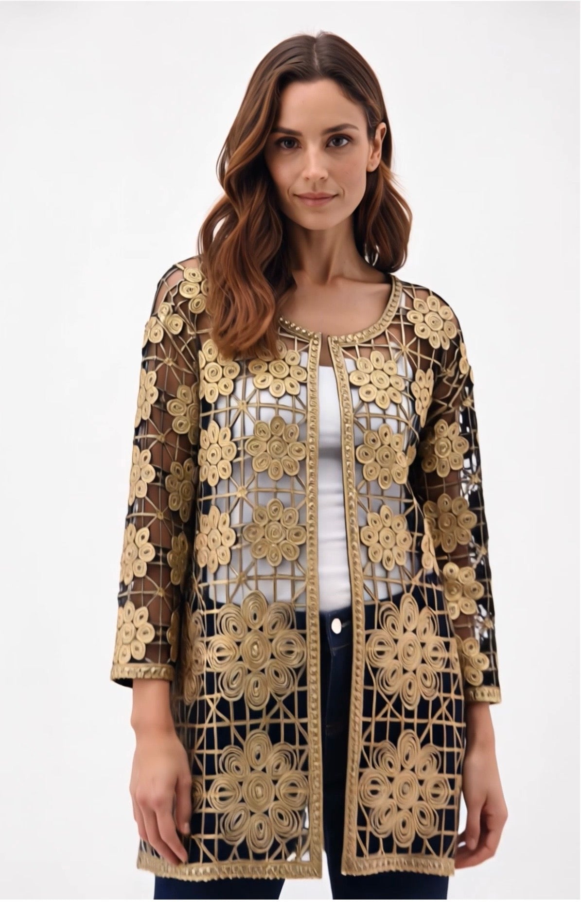 Soutache Long Coverup with Gold foil print (Gold/Army Green)