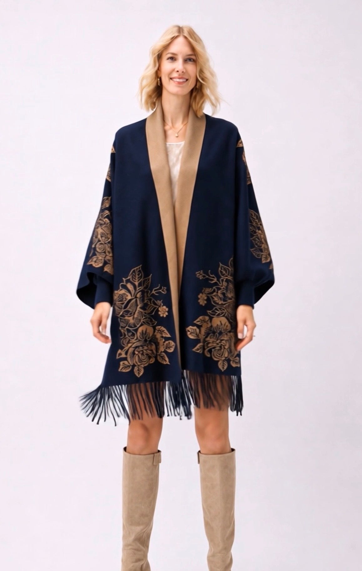 Reversible Peony Jacquard shawl with Arm Openings- Navy/Sand