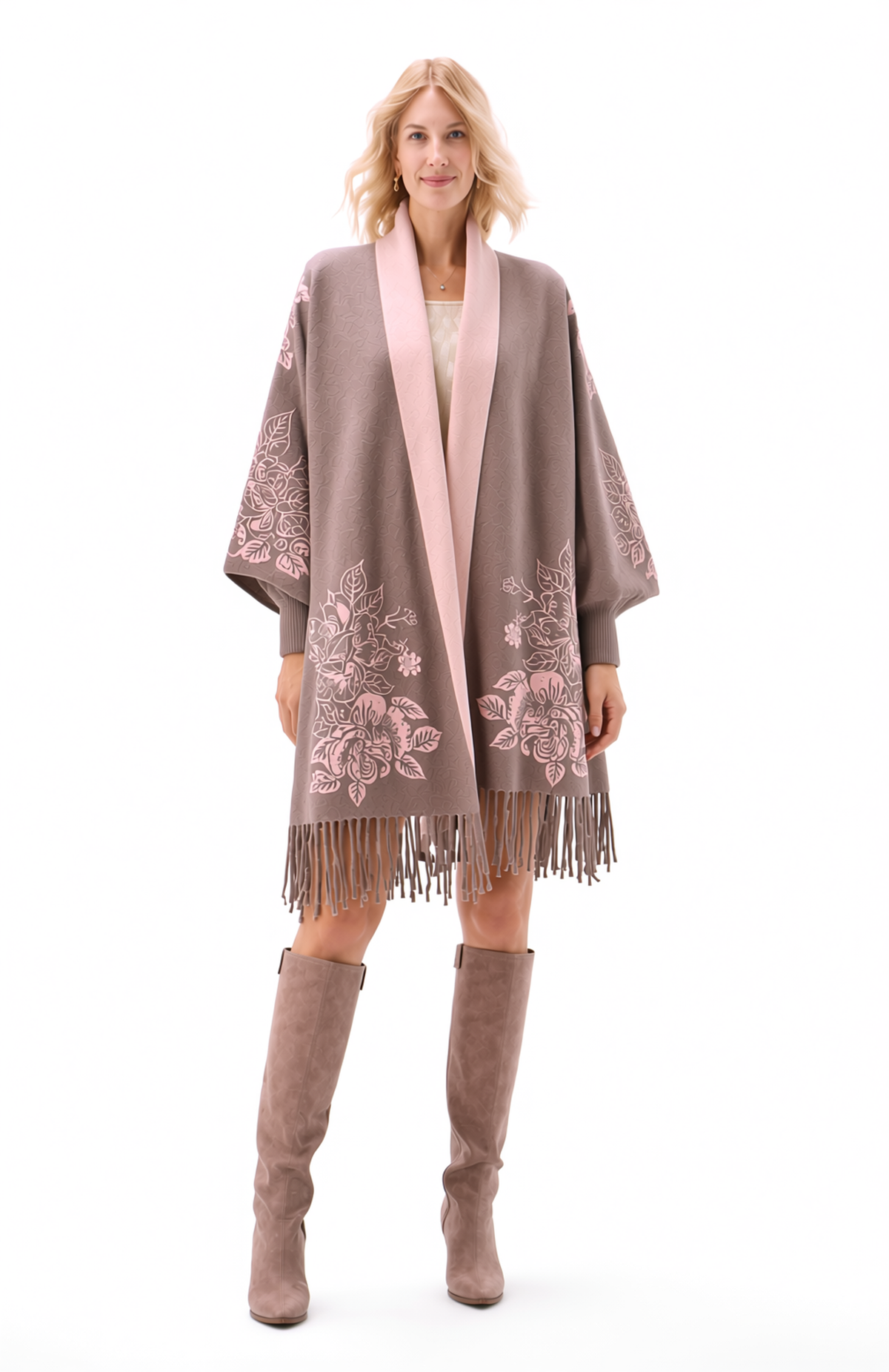 Reversible Peony Jacquard shawl with Arm Openings- Pink/Khaki