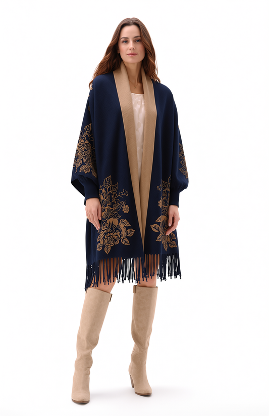 Reversible Peony Jacquard shawl with Arm Openings- Navy/Sand