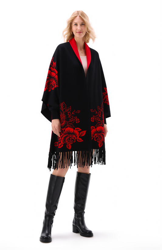 Reversible Peony Jacquard shawl with Arm Openings- Black/Red
