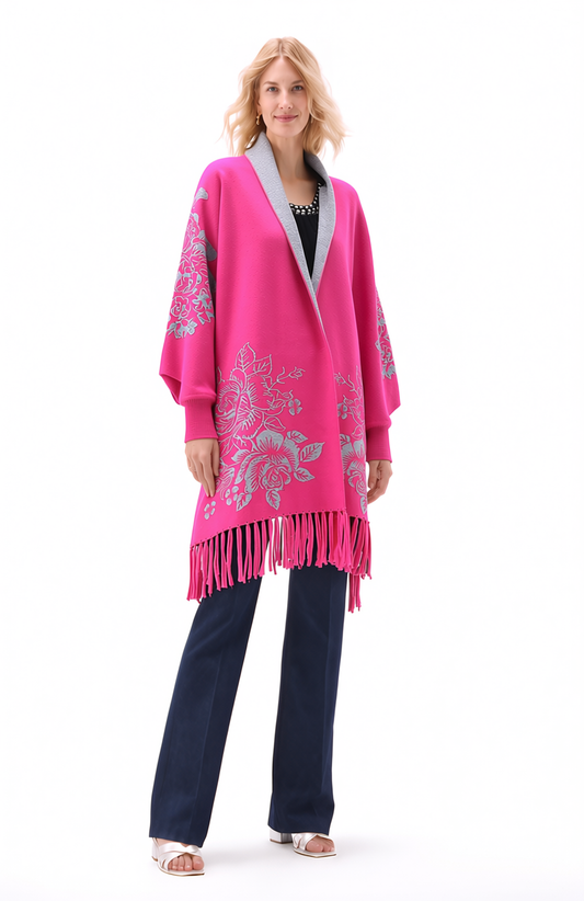 Reversible Peony Jacquard shawl with Arm Openings- Hot Pink/ Grey