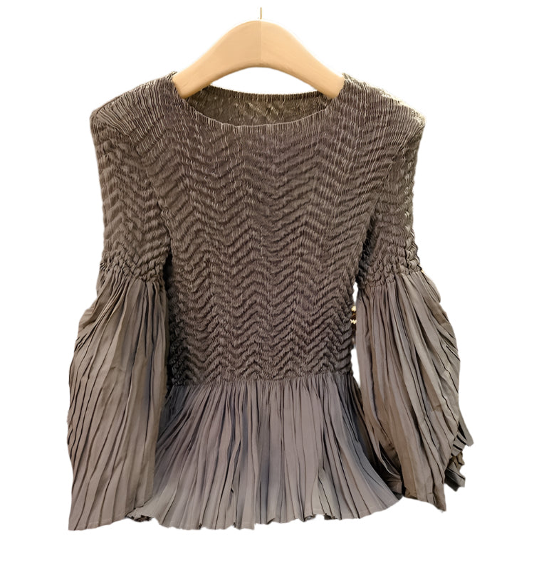 Pleated blouse top with flared sleeves & sweep (Grey)