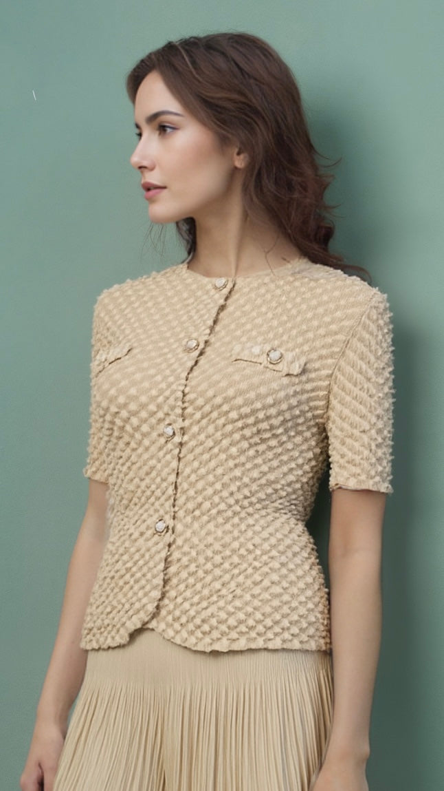 Pleated Chanel look mock jacket top with buttons (Apricot)