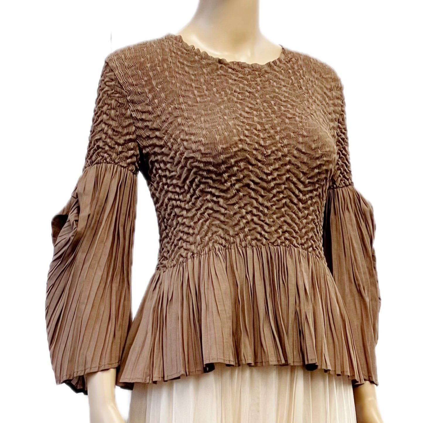 Pleated blouse top with flared sleeves & sweep (Mocha)