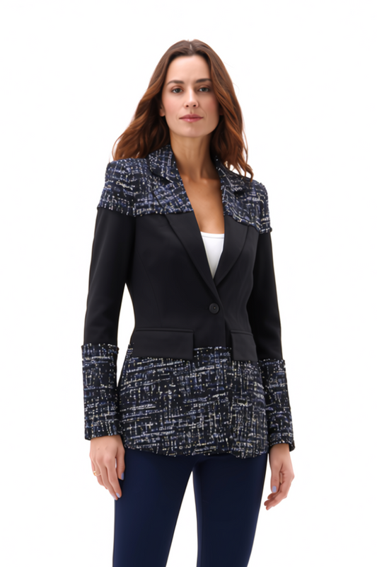 Blazer Tweed Ponte Sandwich Jacket (Black)