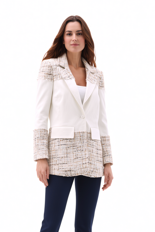 Blazer Tweed Ponte Sandwich Jacket (Cream)