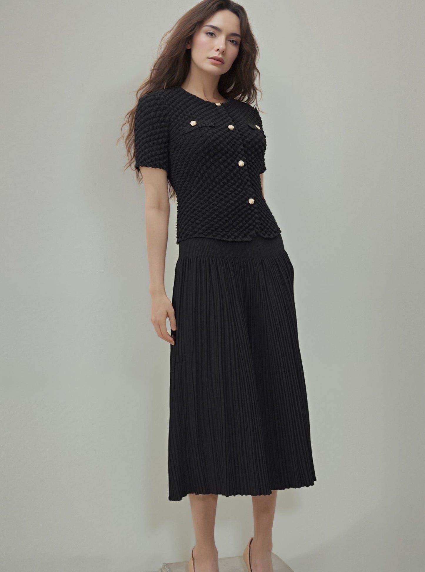 Pleated Chanel look mock jacket top with buttons ( Black )