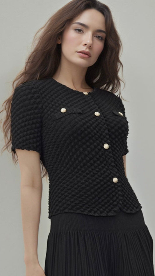 Pleated Chanel look mock jacket top with buttons ( Black )