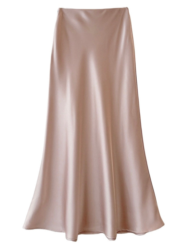 Sateen Maxi Skirt with Elastic Waistband and invisible zipper ( Black )